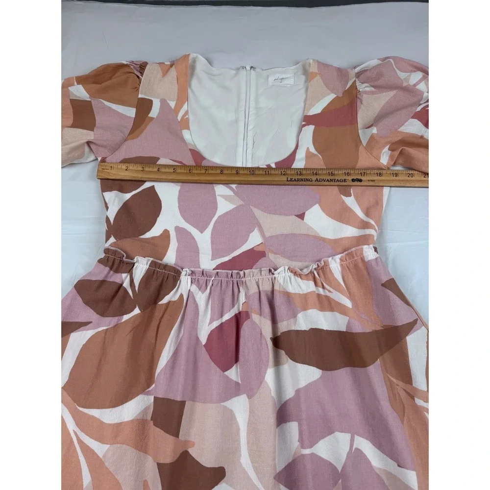Girl and the Sun Avery Pink Leaf Print Puff Sleeve Mini Dress Size Medium Summer